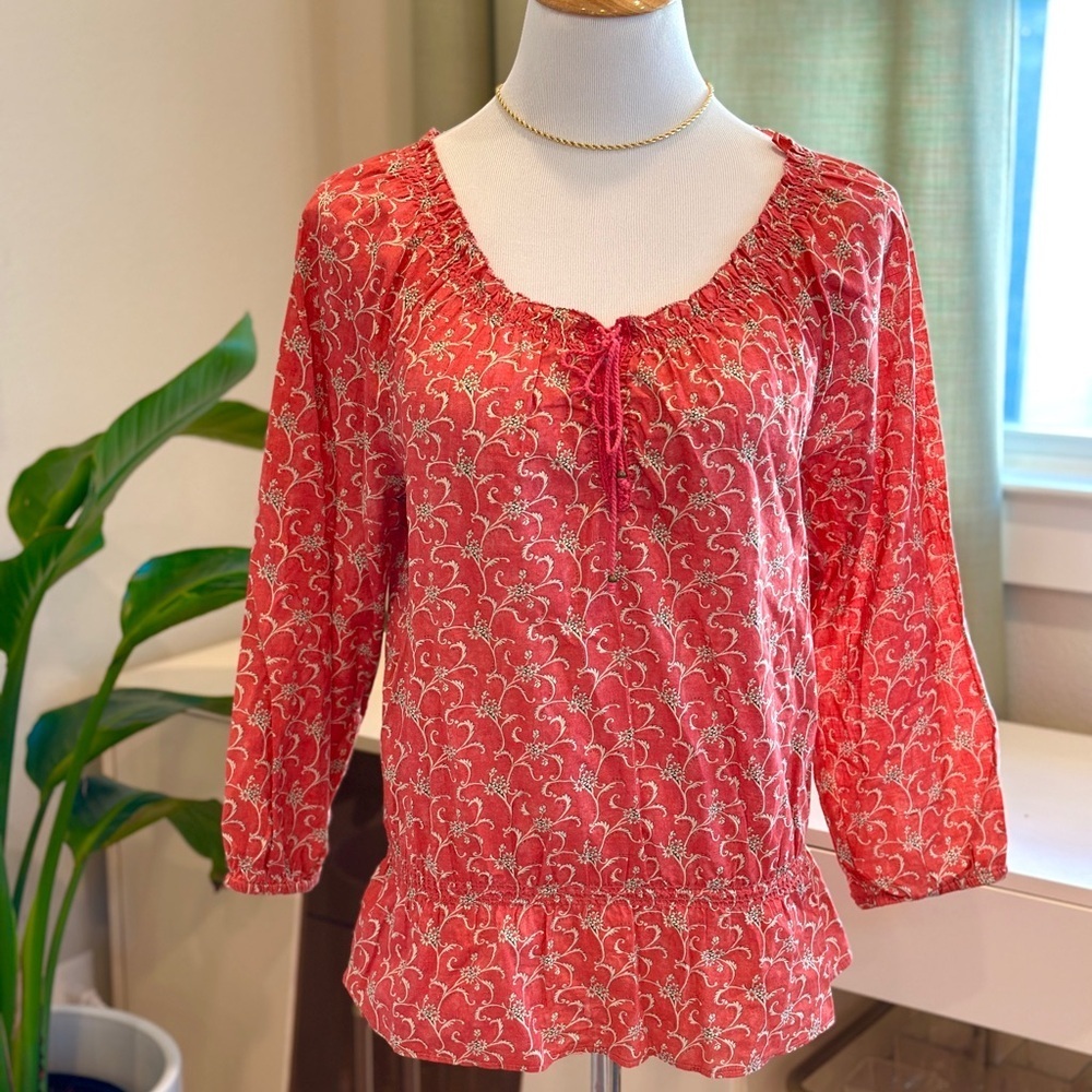 Ralph Lauren Red Floral Tie-Neck Peasant Blouse